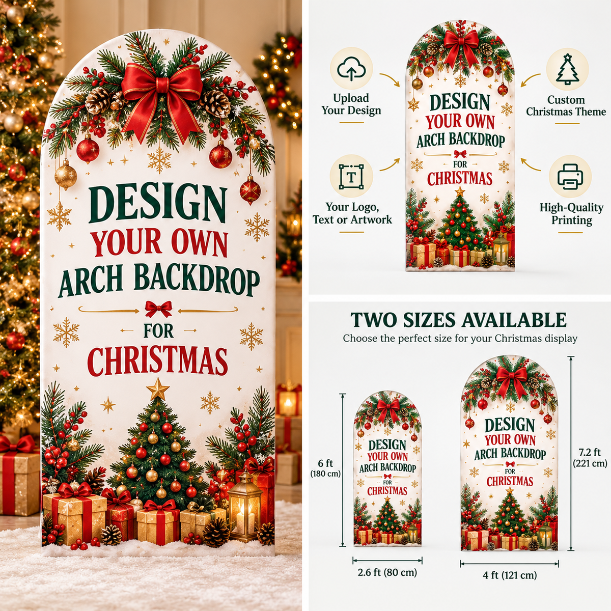 Custom Christmas Arch Backdrop Cover – Upload Your Own Design, Personalized Holiday Party Photo Backdrop, Business Logo Banner