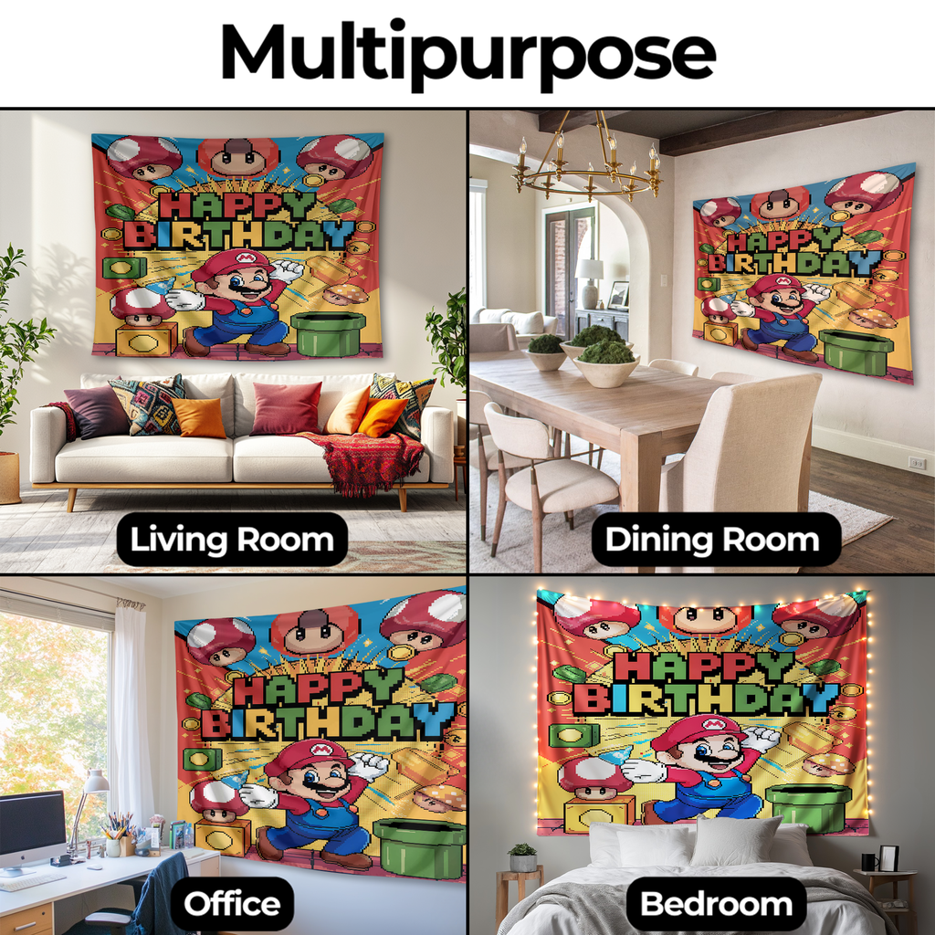 HAPPY BIRTHDAY MARIO INSPIRED WALL TAPESTRY