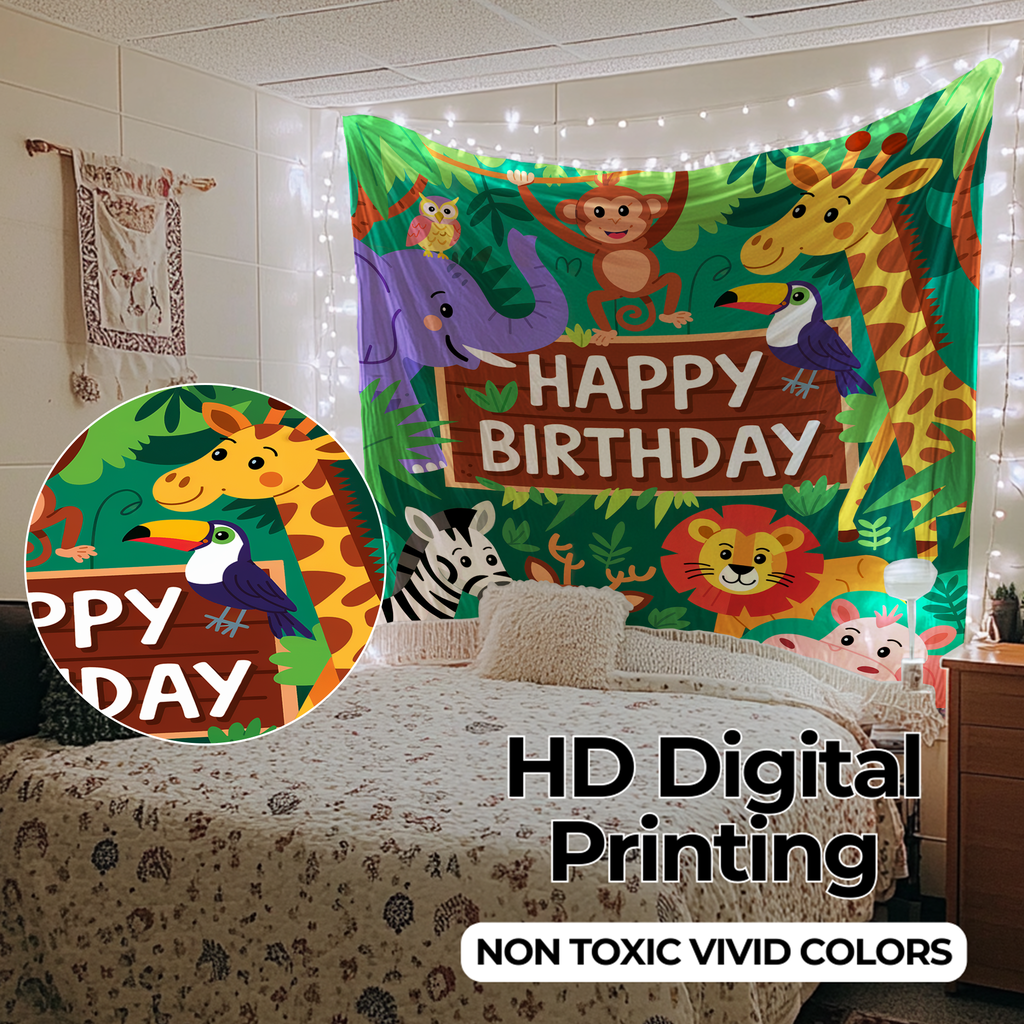 HAPPY BIRTHDAY JUNGLE VERSION WALL TAPESTRY
