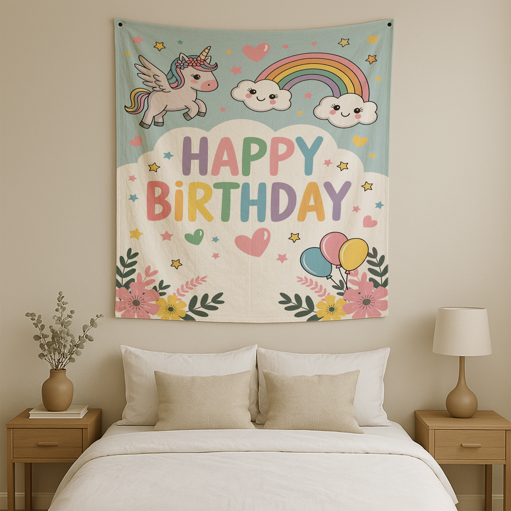 HAPPY BIRTHDAY UNICORN INSPIRED WALL TAPESTRY