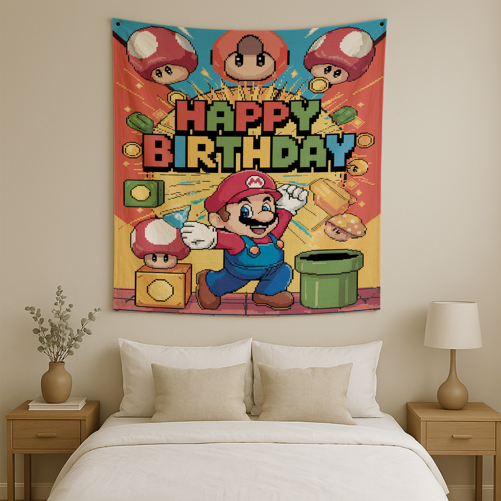 HAPPY BIRTHDAY MARIO INSPIRED WALL TAPESTRY