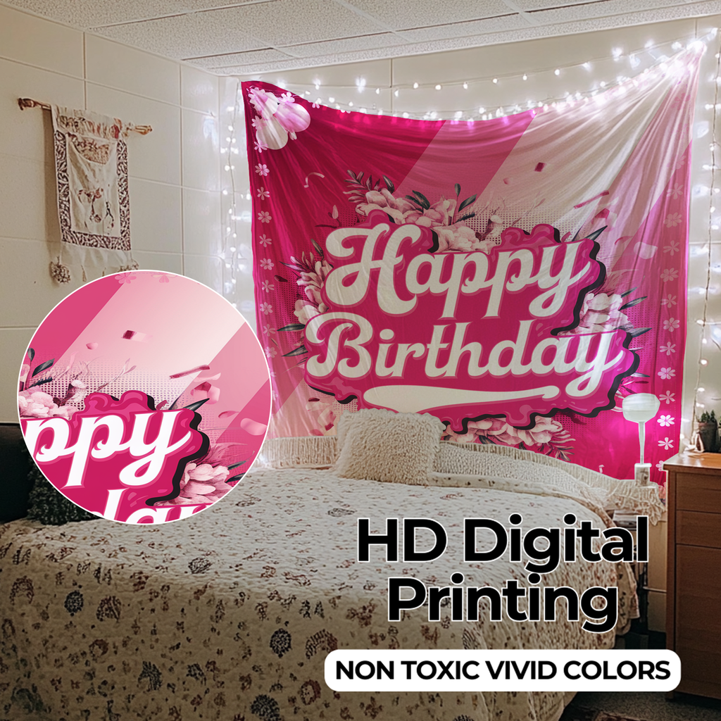 HAPPY BIRTHDAY PINK COLOUR WALL TAPESTRY