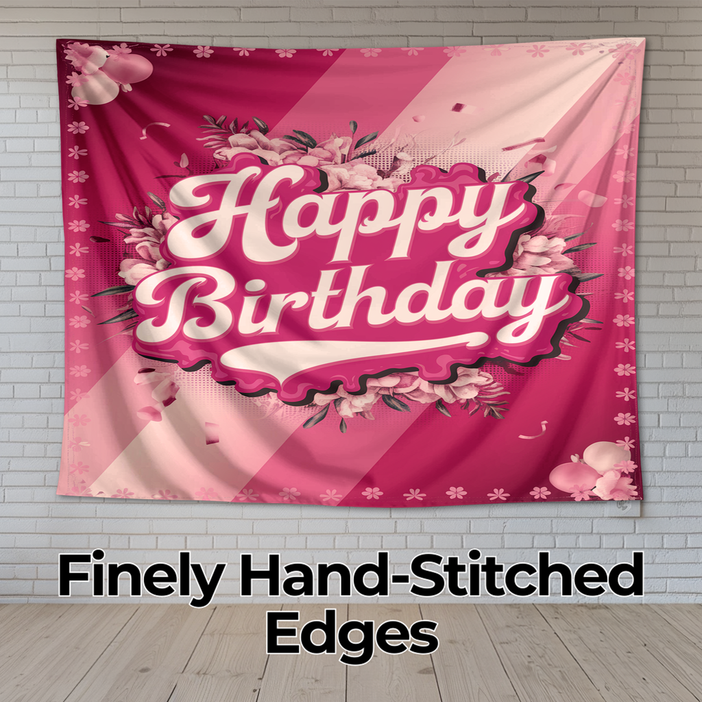 HAPPY BIRTHDAY PINK COLOUR WALL TAPESTRY