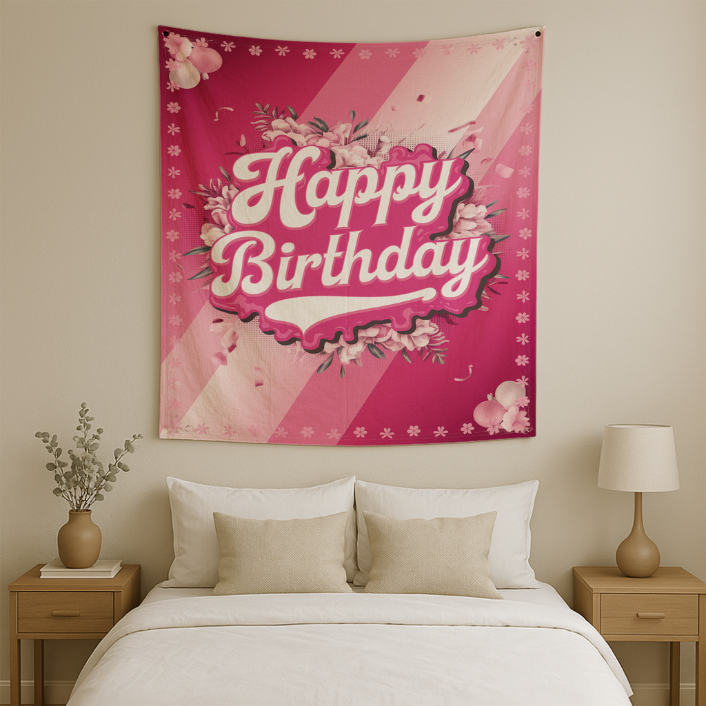 HAPPY BIRTHDAY PINK COLOUR WALL TAPESTRY