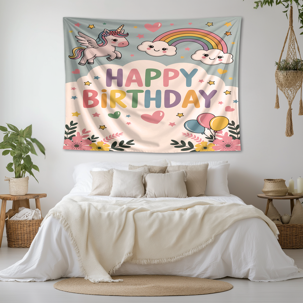HAPPY BIRTHDAY UNICORN INSPIRED WALL TAPESTRY