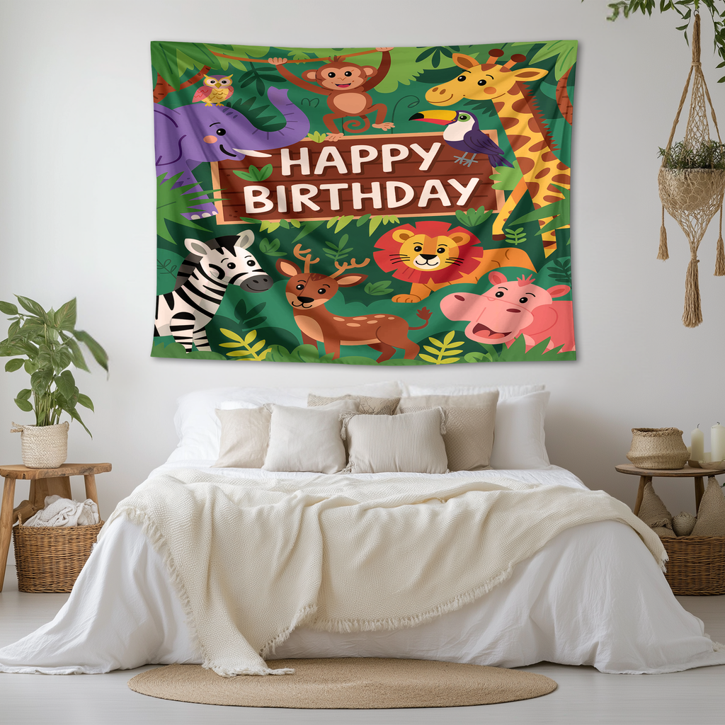 HAPPY BIRTHDAY JUNGLE VERSION WALL TAPESTRY