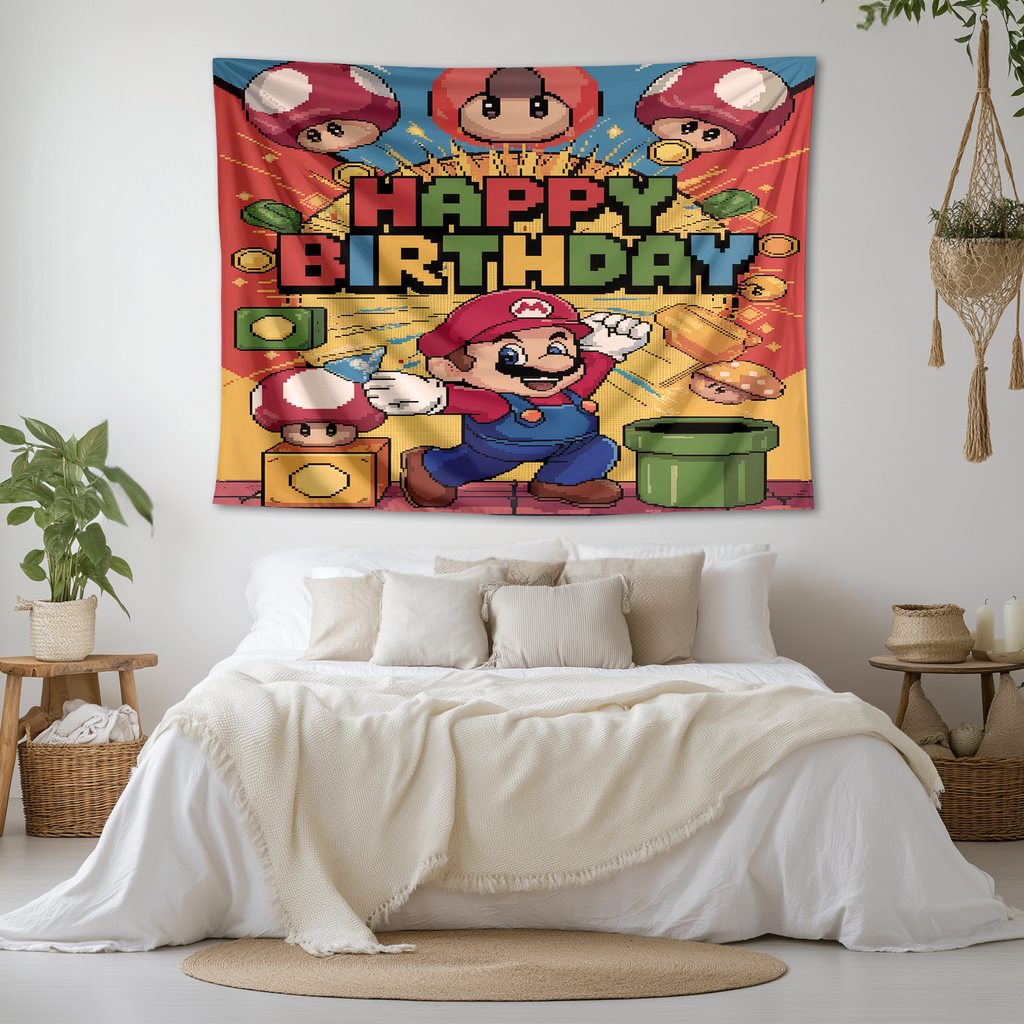 HAPPY BIRTHDAY MARIO INSPIRED WALL TAPESTRY