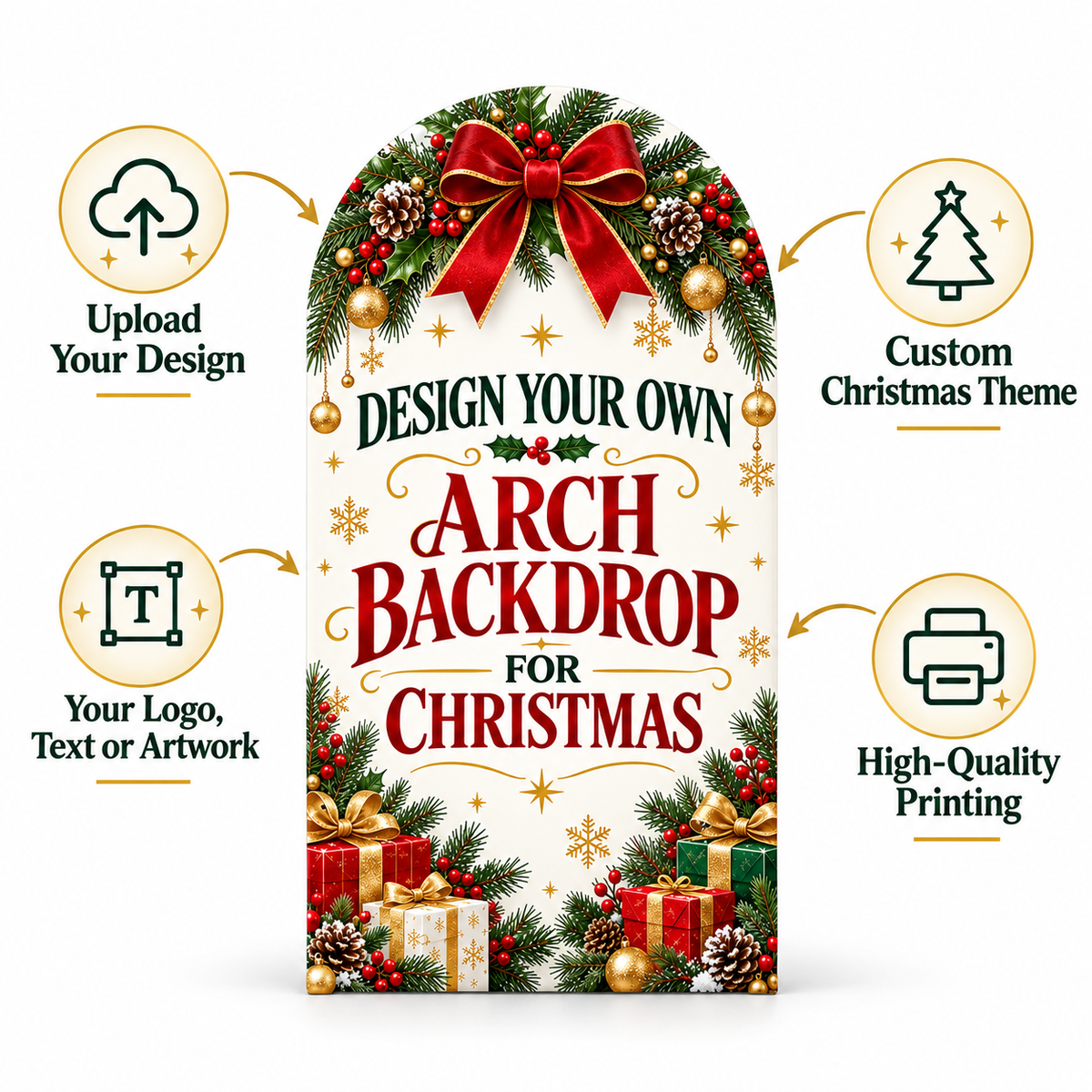 Custom Christmas Arch Backdrop Cover – Upload Your Own Design, Personalized Holiday Party Photo Backdrop, Business Logo Banner