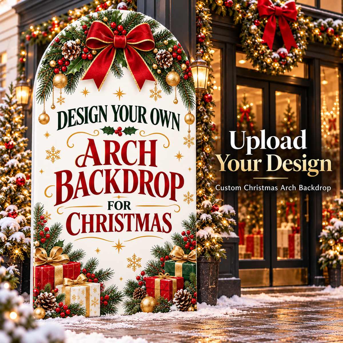 Custom Christmas Arch Backdrop Cover – Upload Your Own Design, Personalized Holiday Party Photo Backdrop, Business Logo Banner