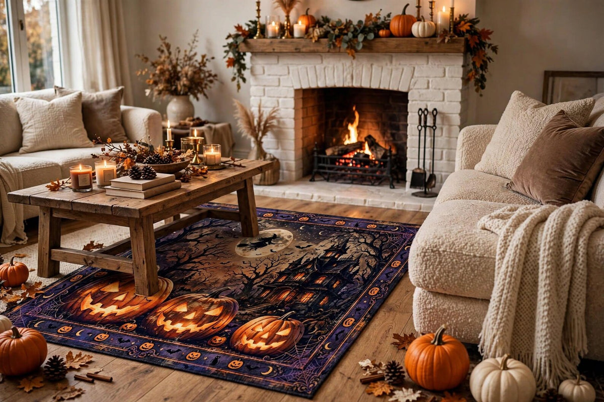 Halloween Area Rug, Spooky Pumpkin Carpet, Haunted House Rug, Witch and Bats Decor, Gothic Halloween Floor Rug