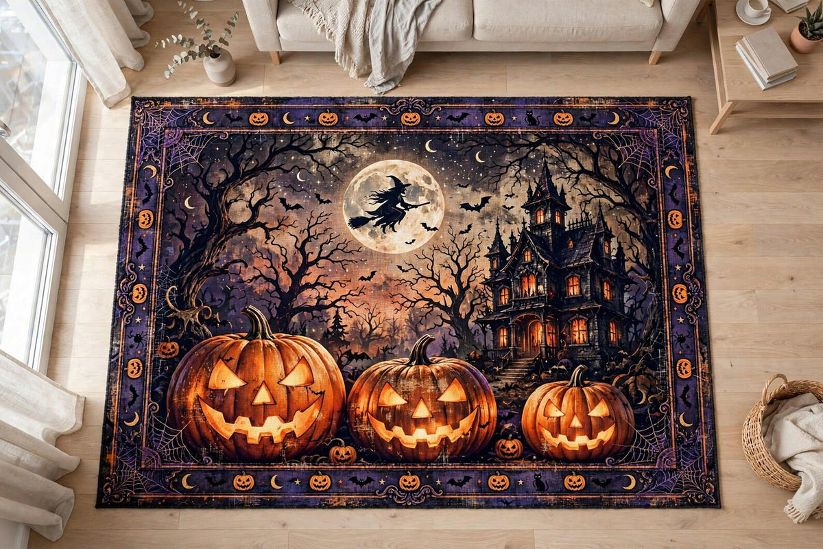 Halloween Area Rug, Spooky Pumpkin Carpet, Haunted House Rug, Witch and Bats Decor, Gothic Halloween Floor Rug