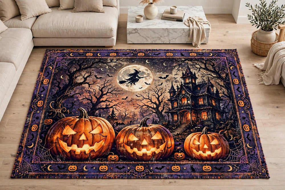 Halloween Area Rug, Spooky Pumpkin Carpet, Haunted House Rug, Witch and Bats Decor, Gothic Halloween Floor Rug
