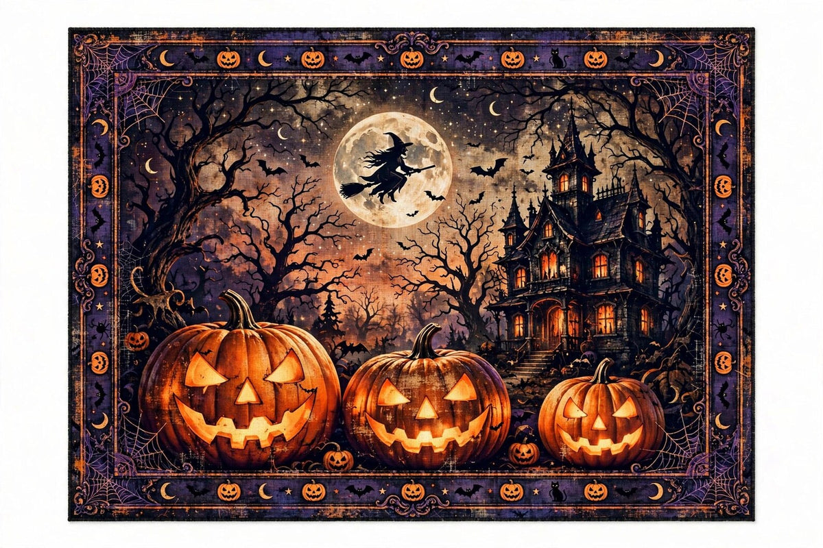 Halloween Area Rug, Spooky Pumpkin Carpet, Haunted House Rug, Witch and Bats Decor, Gothic Halloween Floor Rug
