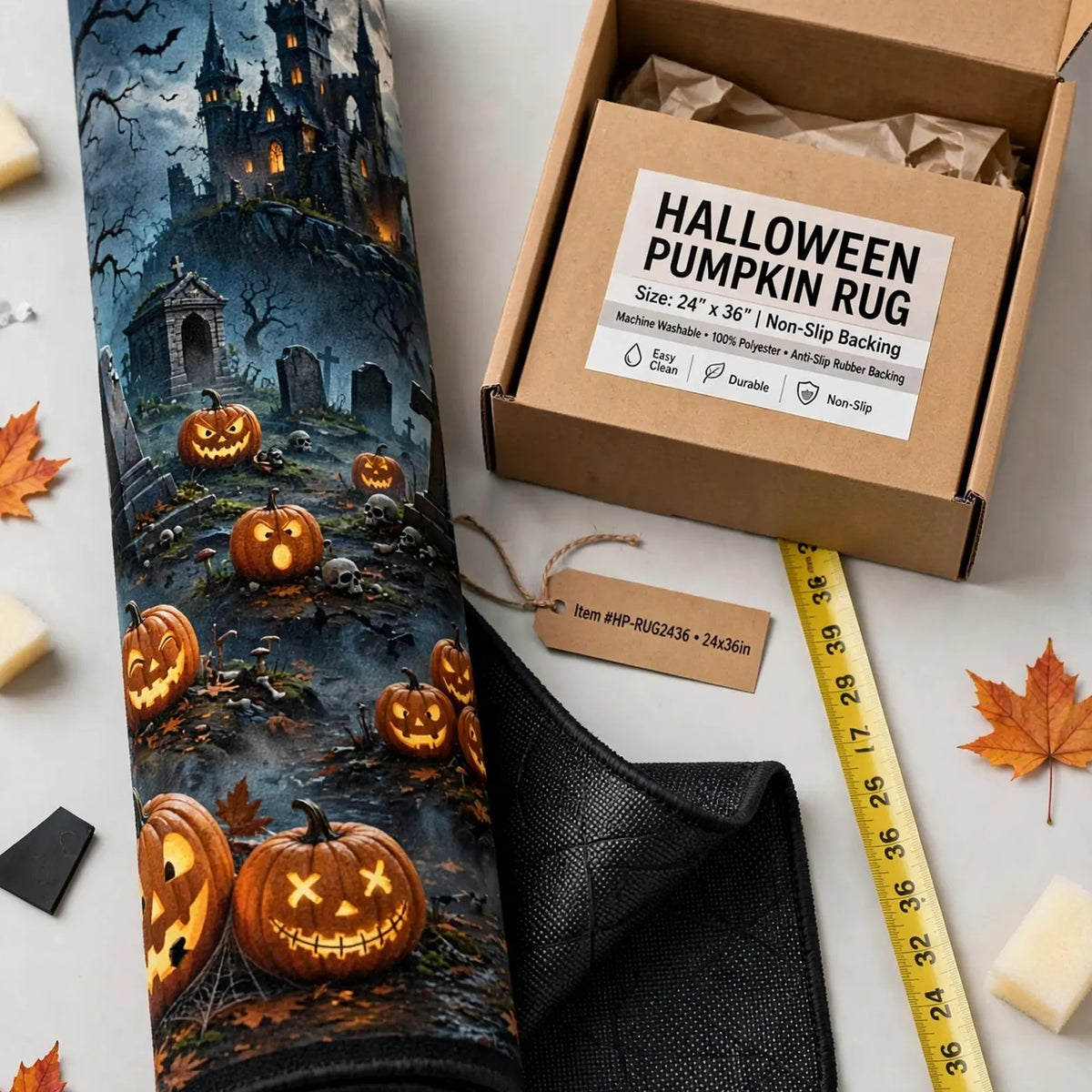 Spooky Halloween Rug, Glowing Pumpkin Carpet, Haunted Graveyard Floor Decor
