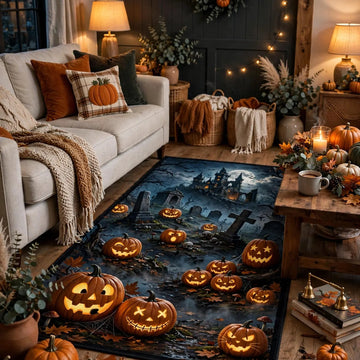 Spooky Halloween Rug, Glowing Pumpkin Carpet, Haunted Graveyard Floor Decor