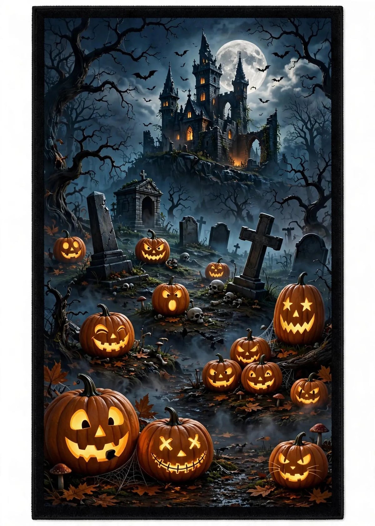 Spooky Halloween Rug, Glowing Pumpkin Carpet, Haunted Graveyard Floor Decor