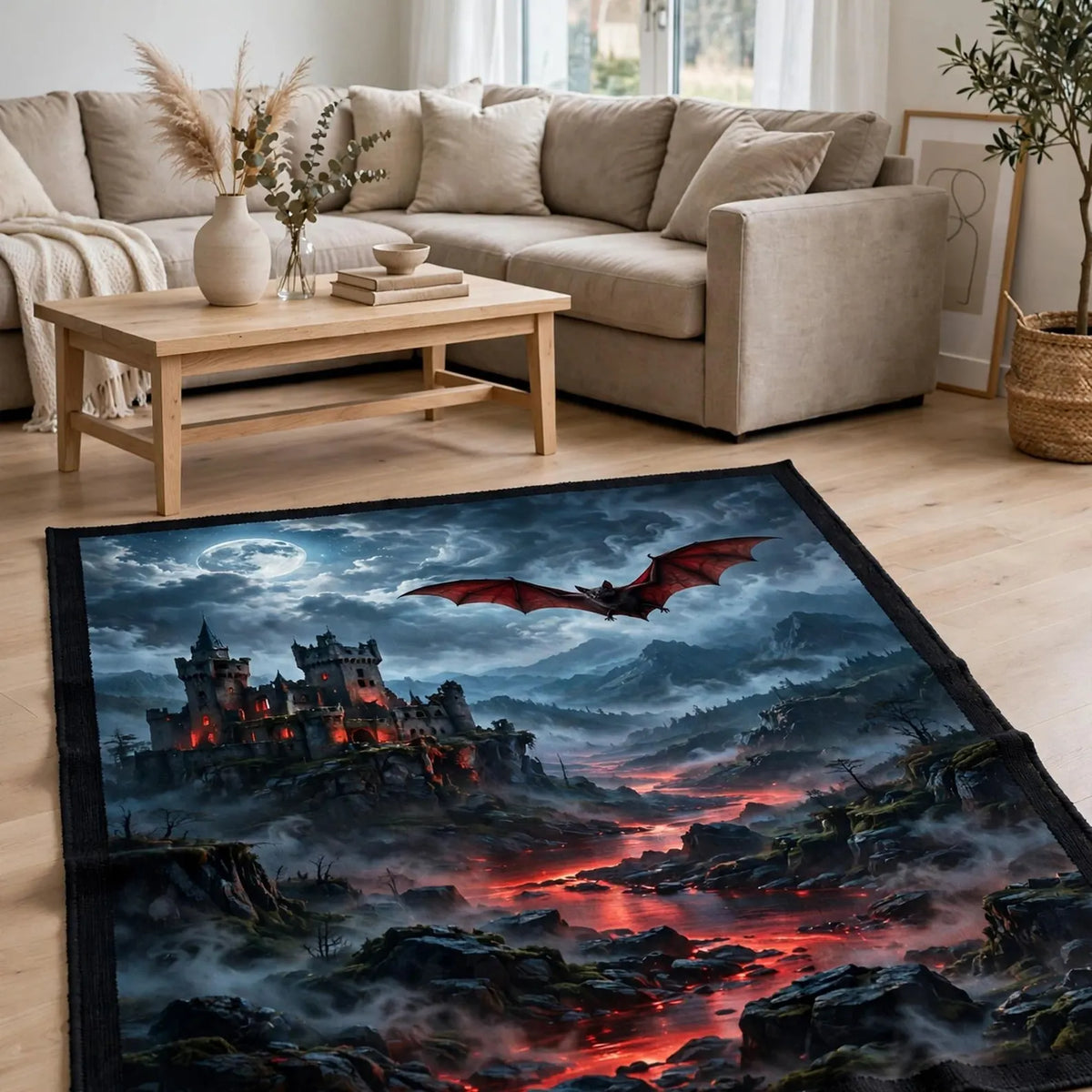 Dark Fantasy Rug, Gothic Castle Carpet, Flying Bat Halloween Home Decor Dragon Bat Carpet, Spooky Gothic Room