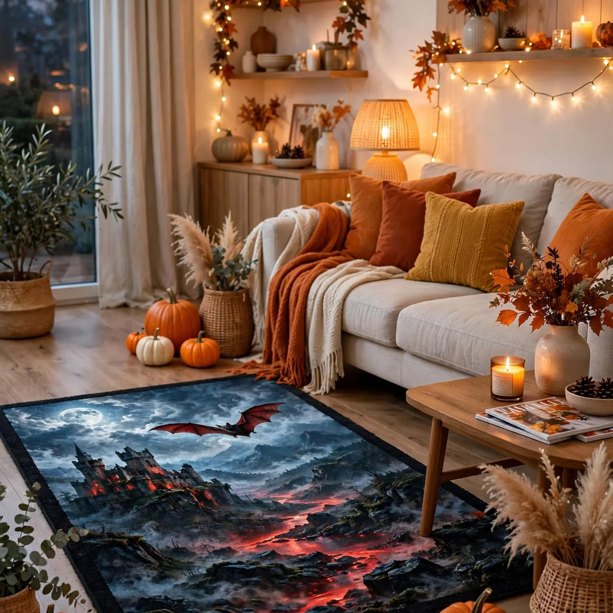 Dark Fantasy Rug, Gothic Castle Carpet, Flying Bat Halloween Home Decor Dragon Bat Carpet, Spooky Gothic Room