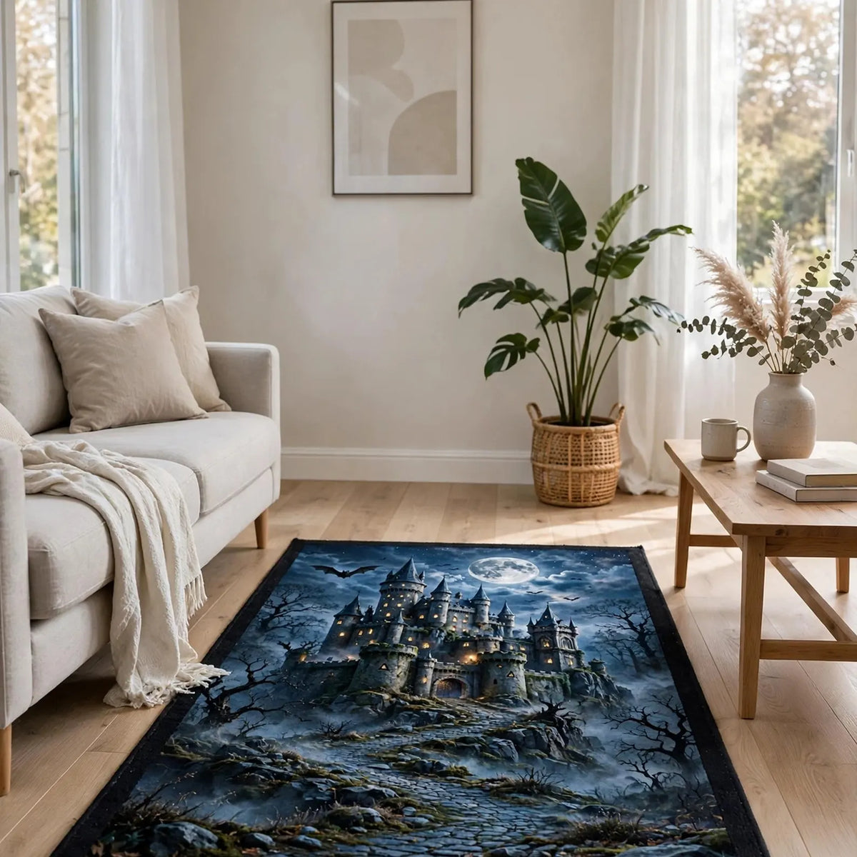 Haunted Castle Rug Gothic Halloween Area Rug Moonlit Fantasy Castle Carpet Spooky Moon Rug