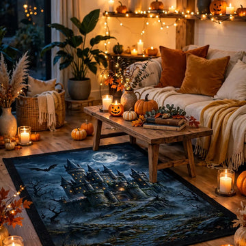 Haunted Castle Rug Gothic Halloween Area Rug Moonlit Fantasy Castle Carpet Spooky Moon Rug