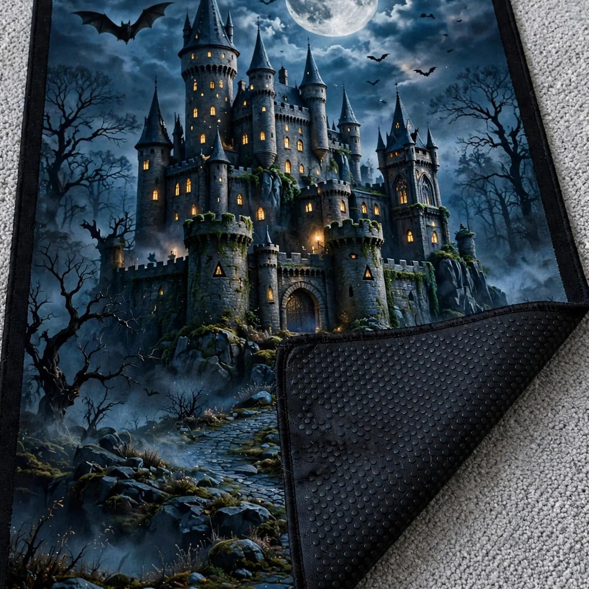 Haunted Castle Rug Gothic Halloween Area Rug Moonlit Fantasy Castle Carpet Spooky Moon Rug