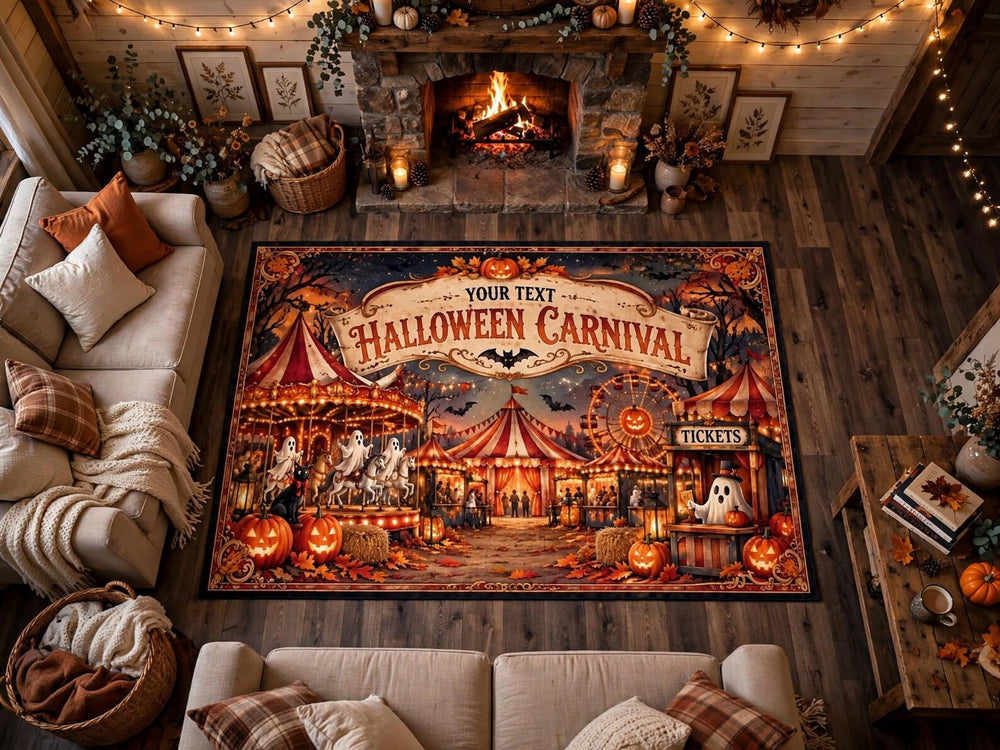 Custom Halloween Carnival Rug, Personalized Halloween Area Rug Spooky Carnival Circus Carpet Fall Home Decor Halloween Gift, Custom Name Rug