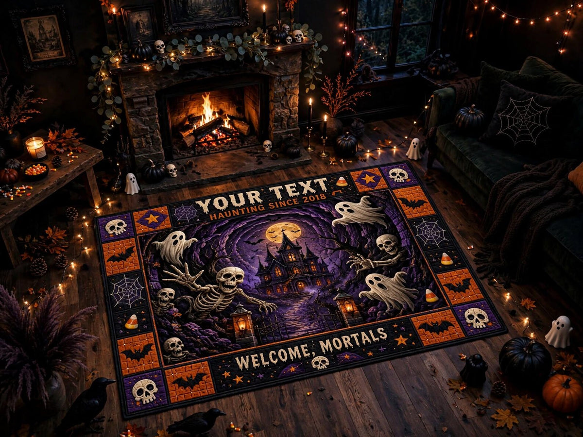 Custom Halloween Rug Personalized Skeleton Area Rug Spooky Haunted House Carpet Gothic Halloween Home Decor Custom Name Rug, Halloween Gift
