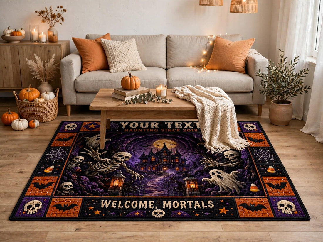 Custom Halloween Rug Personalized Skeleton Area Rug Spooky Haunted House Carpet Gothic Halloween Home Decor Custom Name Rug, Halloween Gift
