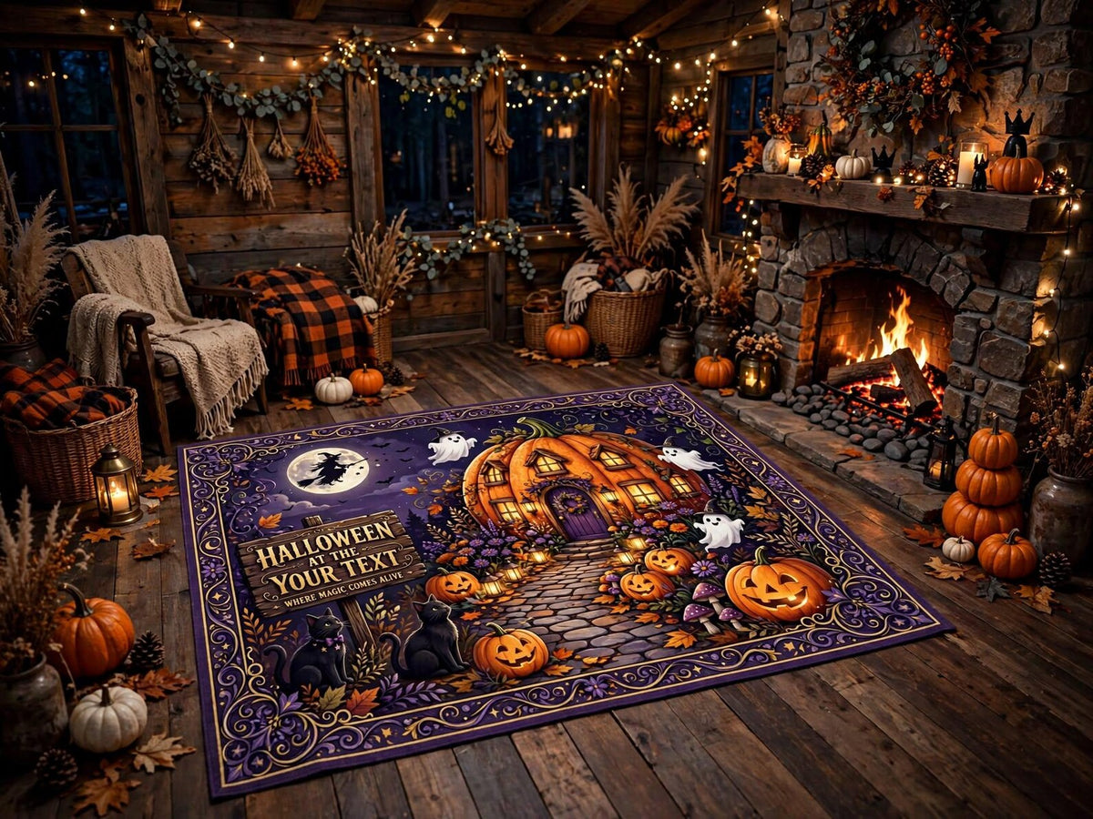 Custom Halloween Rug Personalized Pumpkin Area Rug Spooky Haunted House Carpet Purple Gothic Fall Decor Custom Text Rug Halloween Gift