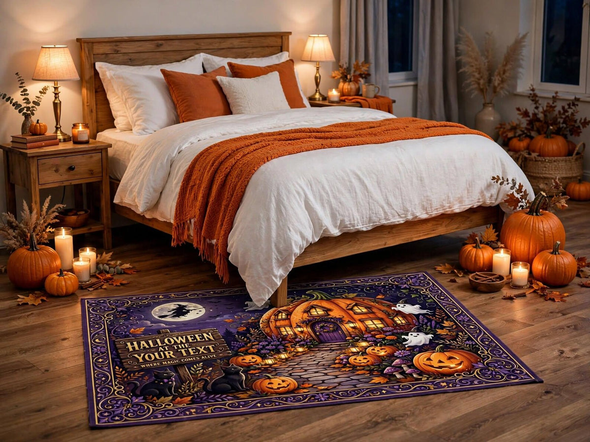 Custom Halloween Rug Personalized Pumpkin Area Rug Spooky Haunted House Carpet Purple Gothic Fall Decor Custom Text Rug Halloween Gift