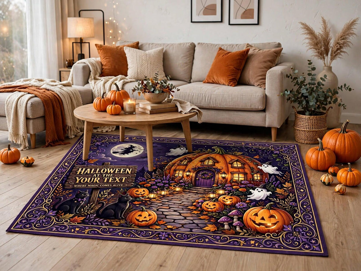 Custom Halloween Rug Personalized Pumpkin Area Rug Spooky Haunted House Carpet Purple Gothic Fall Decor Custom Text Rug Halloween Gift