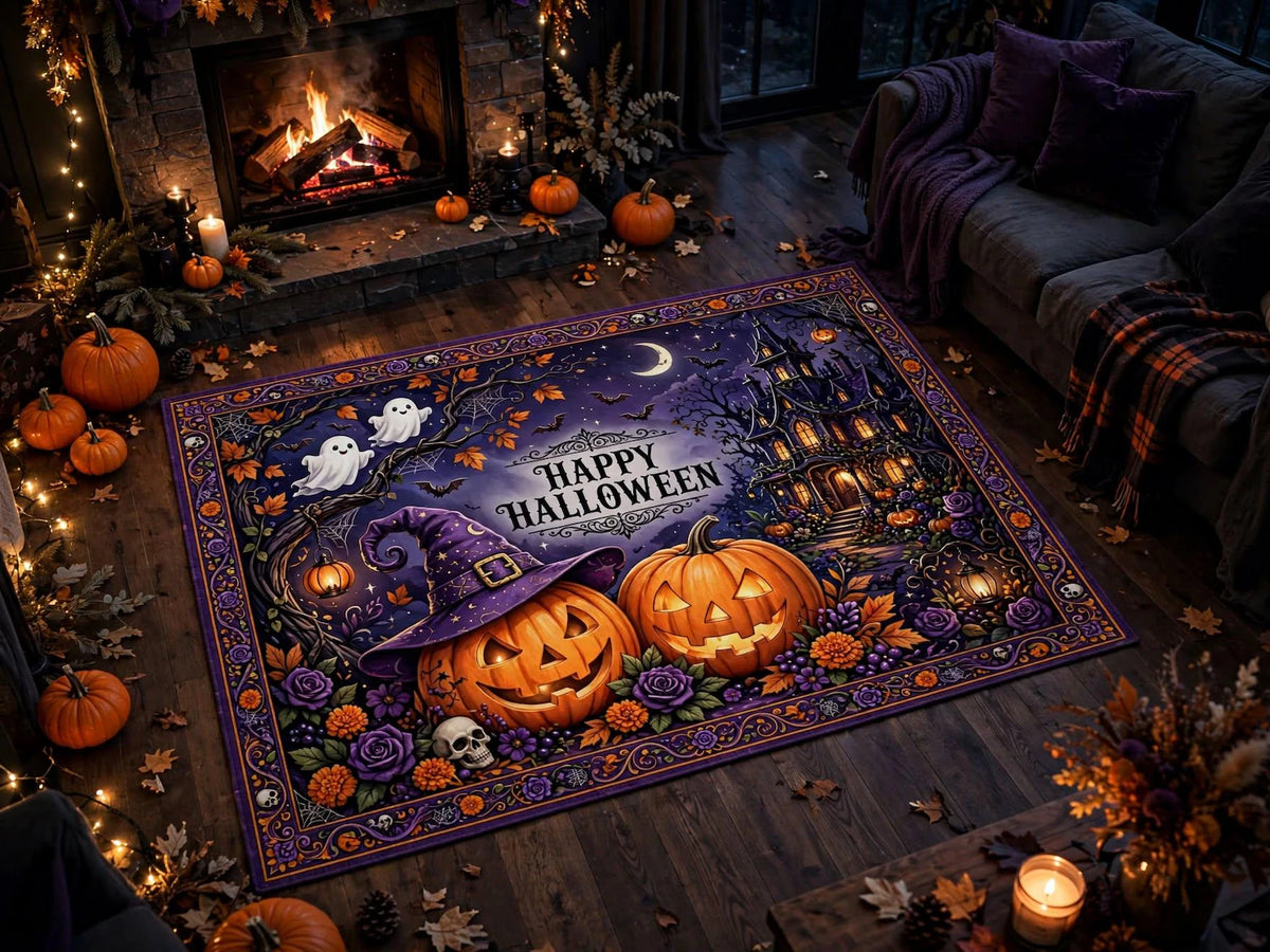 Custom Halloween Rug Personalized Pumpkin Area Rug Halloween Carpet Spooky Haunted House Decor Custom Text Rug Living room Decor