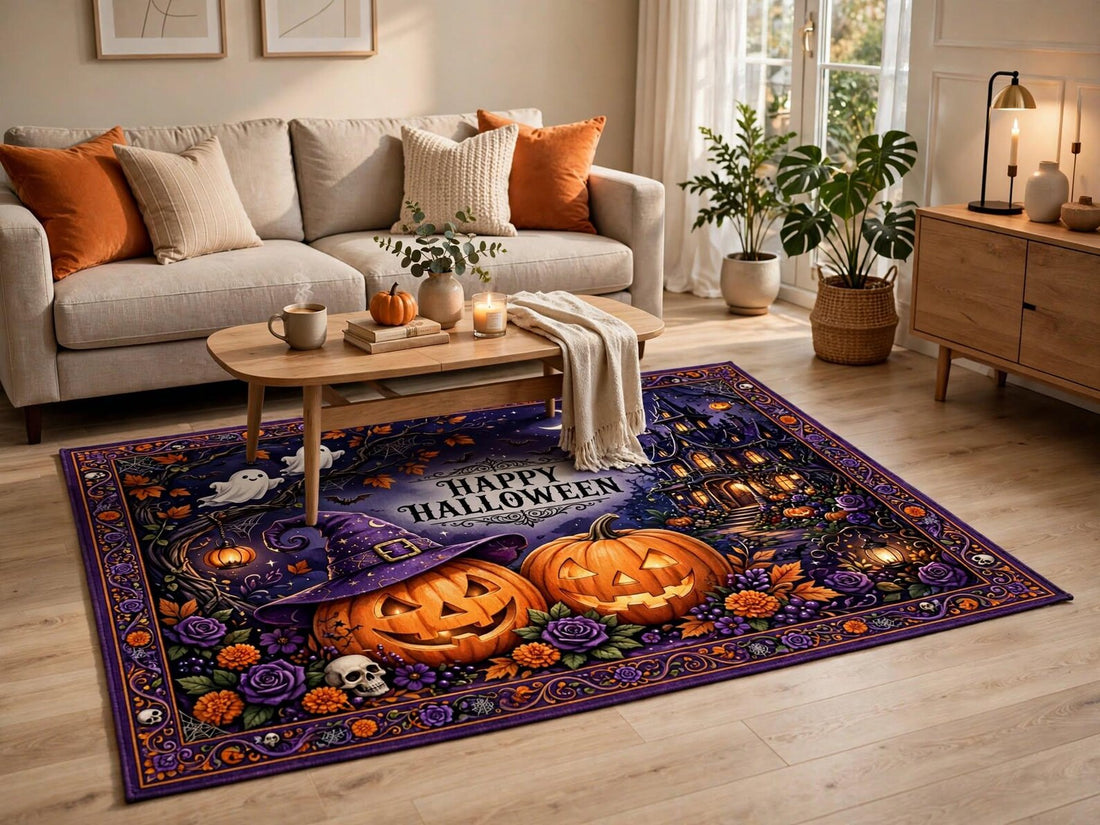 Custom Halloween Rug Personalized Pumpkin Area Rug Halloween Carpet Spooky Haunted House Decor Custom Text Rug Living room Decor
