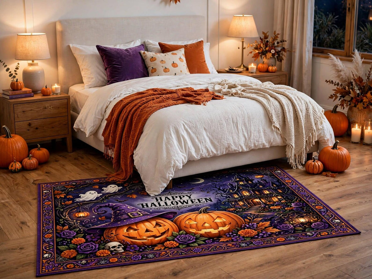 Custom Halloween Rug Personalized Pumpkin Area Rug Halloween Carpet Spooky Haunted House Decor Custom Text Rug Living room Decor