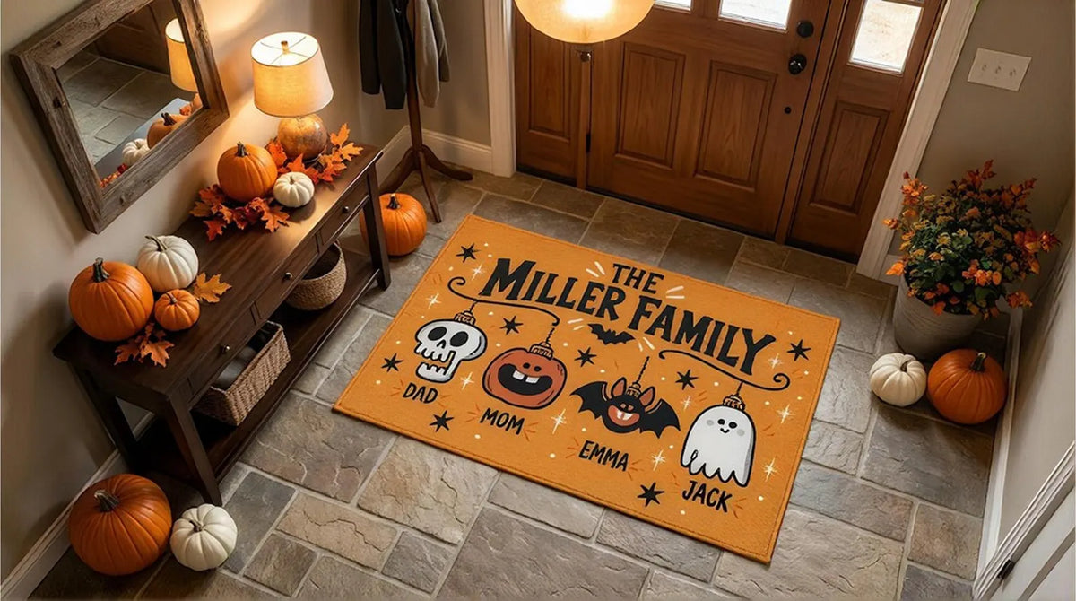 Halloween Family Rug, Custom Name Ghost Pumpkin Bat Mat, Spooky Fall Home Decor, Halloween Entryway Ruily Gifg, Famt