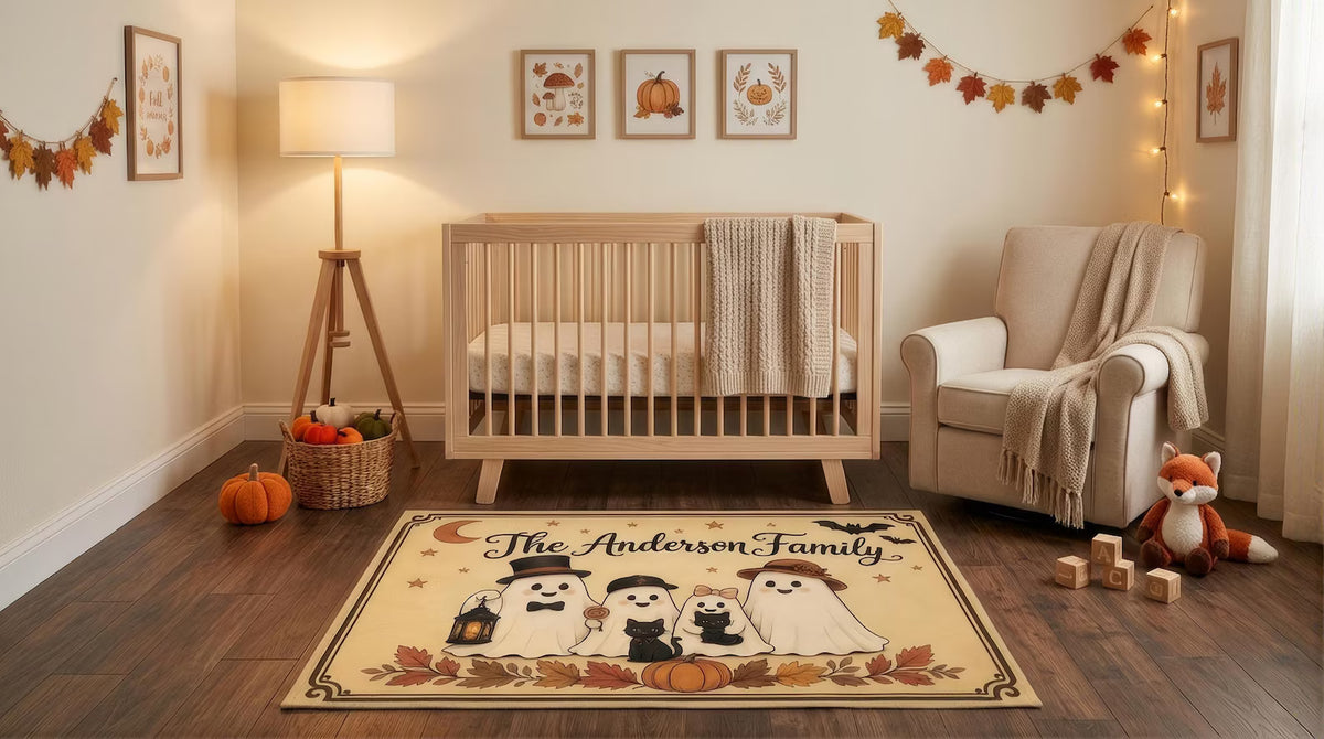 Personalized Halloween Family Rug, Custom Ghost Family Name Mat, Cute Ghost Pumpkin Rug, Spooky Fall Home Decor, Halloween Gift