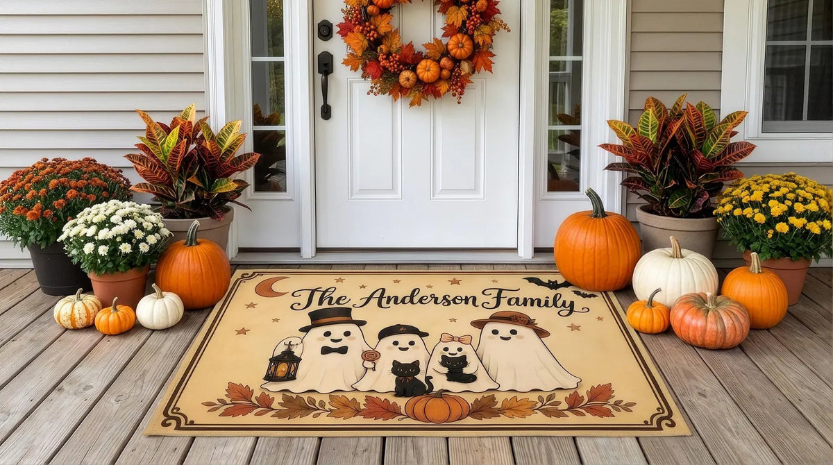 Personalized Halloween Family Rug, Custom Ghost Family Name Mat, Cute Ghost Pumpkin Rug, Spooky Fall Home Decor, Halloween Gift