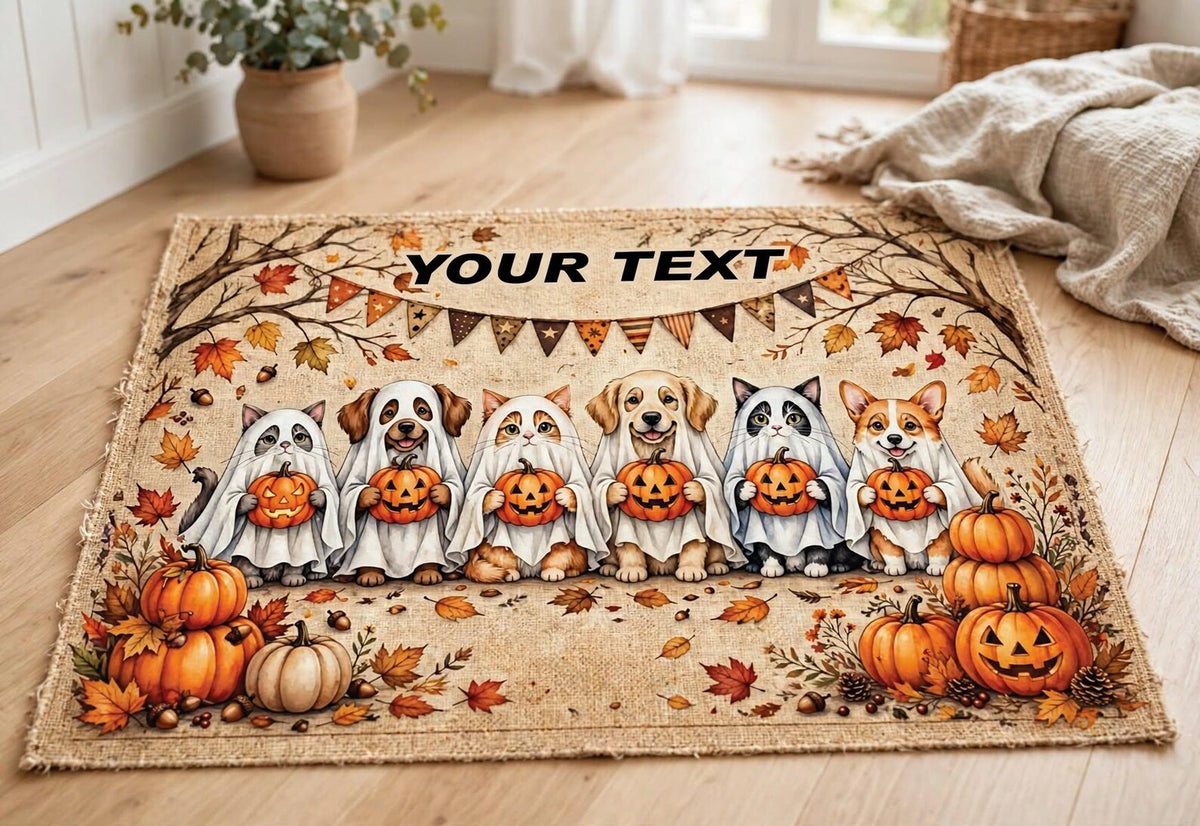 Personalized Halloween Pet Rug Custom Name Ghost Cats and Dogs Mat Cute Pumpkin Fall Decor Spooky Animal Area Rug Halloween Gift