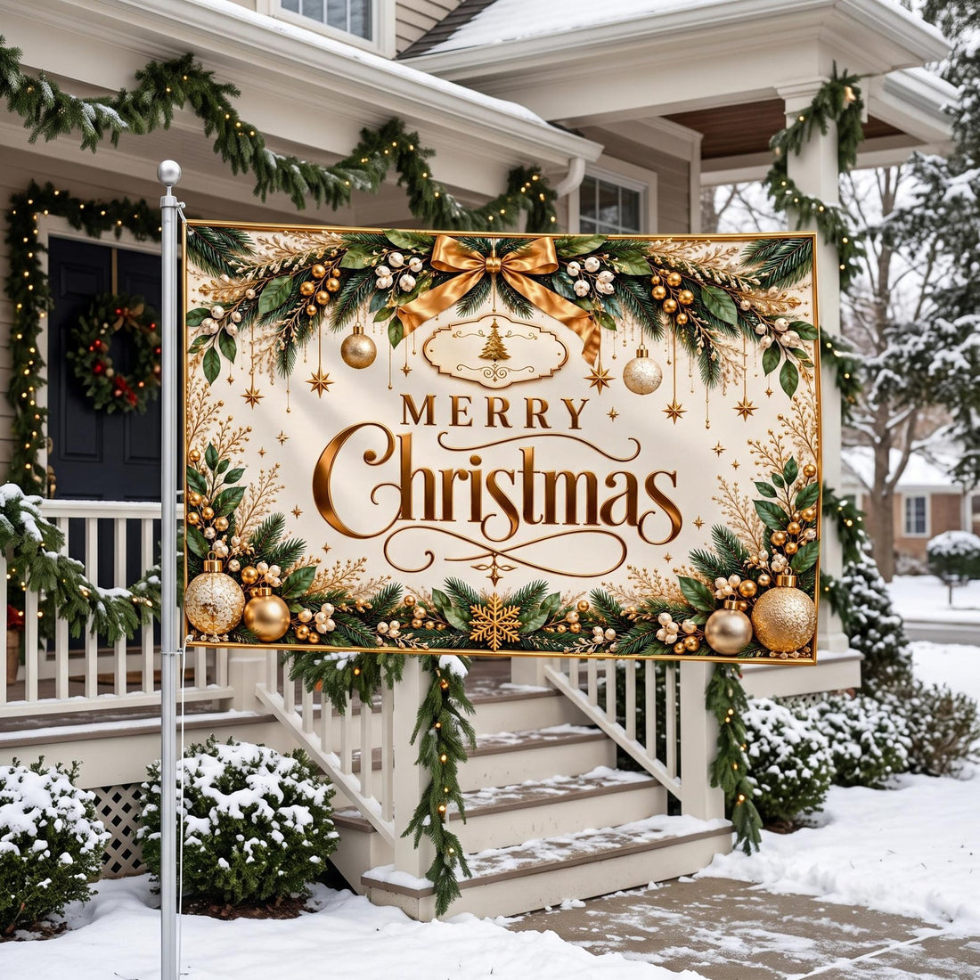 May include: A rectangular garden flag featuring the text Merry Christmas in elegant gold lettering. The design includes green pine branches, gold ornaments, white berries, and a large gold bow on a cream background with a decorative border.