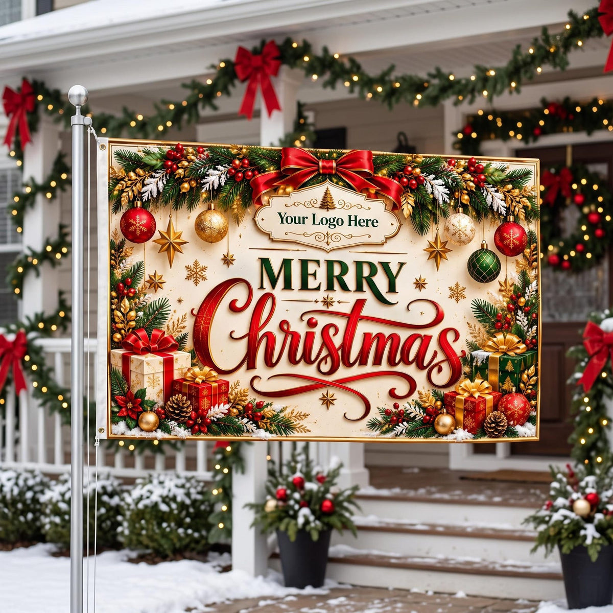 May include: A rectangular garden flag featuring the text Merry Christmas in red and green script. The design includes a cream background, red bows, gold and red ornaments, pine branches, and gift boxes. A placeholder reads Your Logo Here.