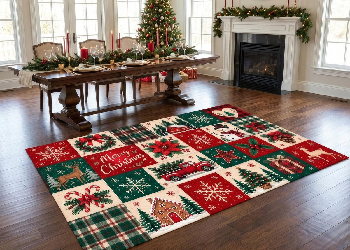 Christmas Area Rug Patchwork Rug with Reindeer Snowflakes Christmas Tree Classic Festive Design Cozy Holiday Decor for Living Room Bedroom