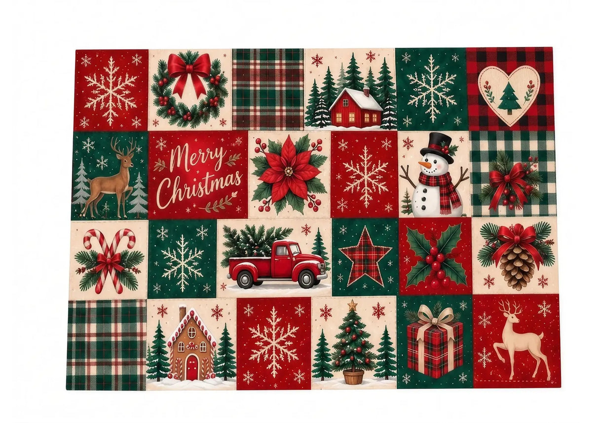 Christmas Area Rug Patchwork Rug with Reindeer Snowflakes Christmas Tree Classic Festive Design Cozy Holiday Decor for Living Room Bedroom