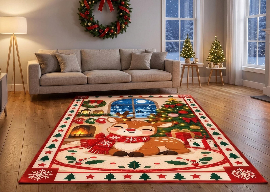 Christmas Reindeer Rug Cute Santa Holiday Area Rug Festive Christmas Tree Carpet Winter Wonderland Home Decor Living room Carpet