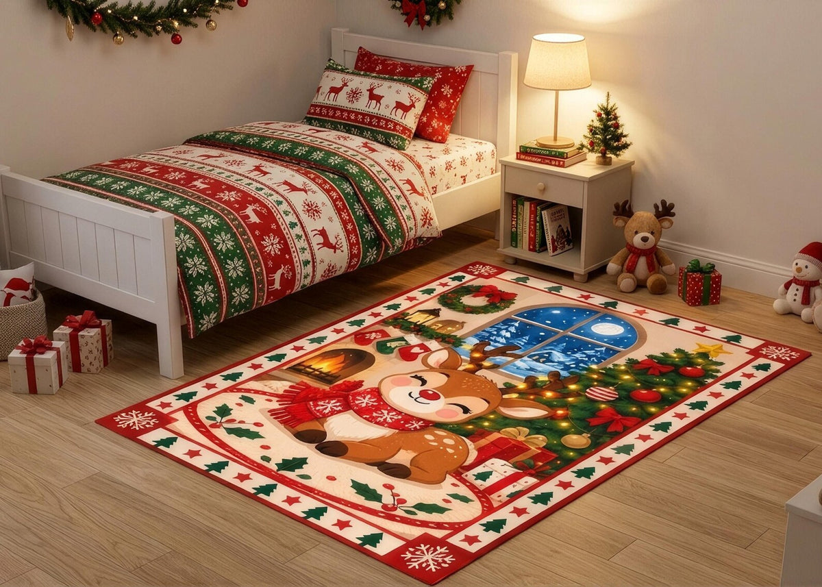 Christmas Reindeer Rug Cute Santa Holiday Area Rug Festive Christmas Tree Carpet Winter Wonderland Home Decor Living room Carpet