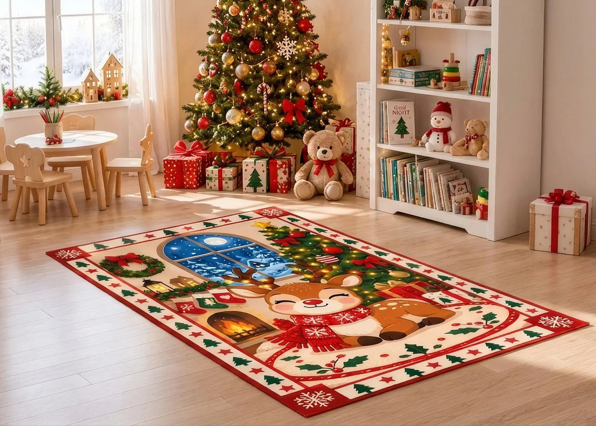 Christmas Reindeer Rug Cute Santa Holiday Area Rug Festive Christmas Tree Carpet Winter Wonderland Home Decor Living room Carpet