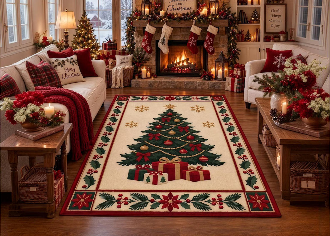 Christmas Tree Rug Festive Holiday Area Rug Red Green Xmas Carpet Winter Seasonal Home Decor Christmas Living Room Rug