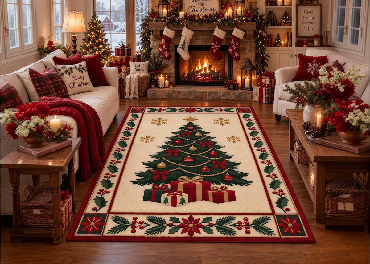 Christmas Tree Rug Festive Holiday Area Rug Red Green Xmas Carpet Winter Seasonal Home Decor Christmas Living Room Rug