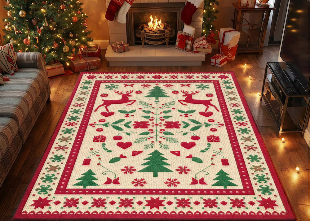 Vintage Christmas Area Rug Red Green Holiday Carpet Reindeer Snowflake Rug Festive Winter Bedroom Carpet Decor