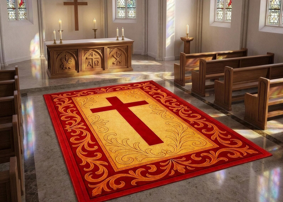 Christian Cross Area Rug Red and Gold Church Carpet Religious Home Decor Catholic Prayer Rug Bible Church Altar Rug Faith Gift