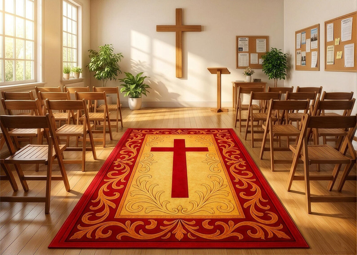 Christian Cross Area Rug Red and Gold Church Carpet Religious Home Decor Catholic Prayer Rug Bible Church Altar Rug Faith Gift